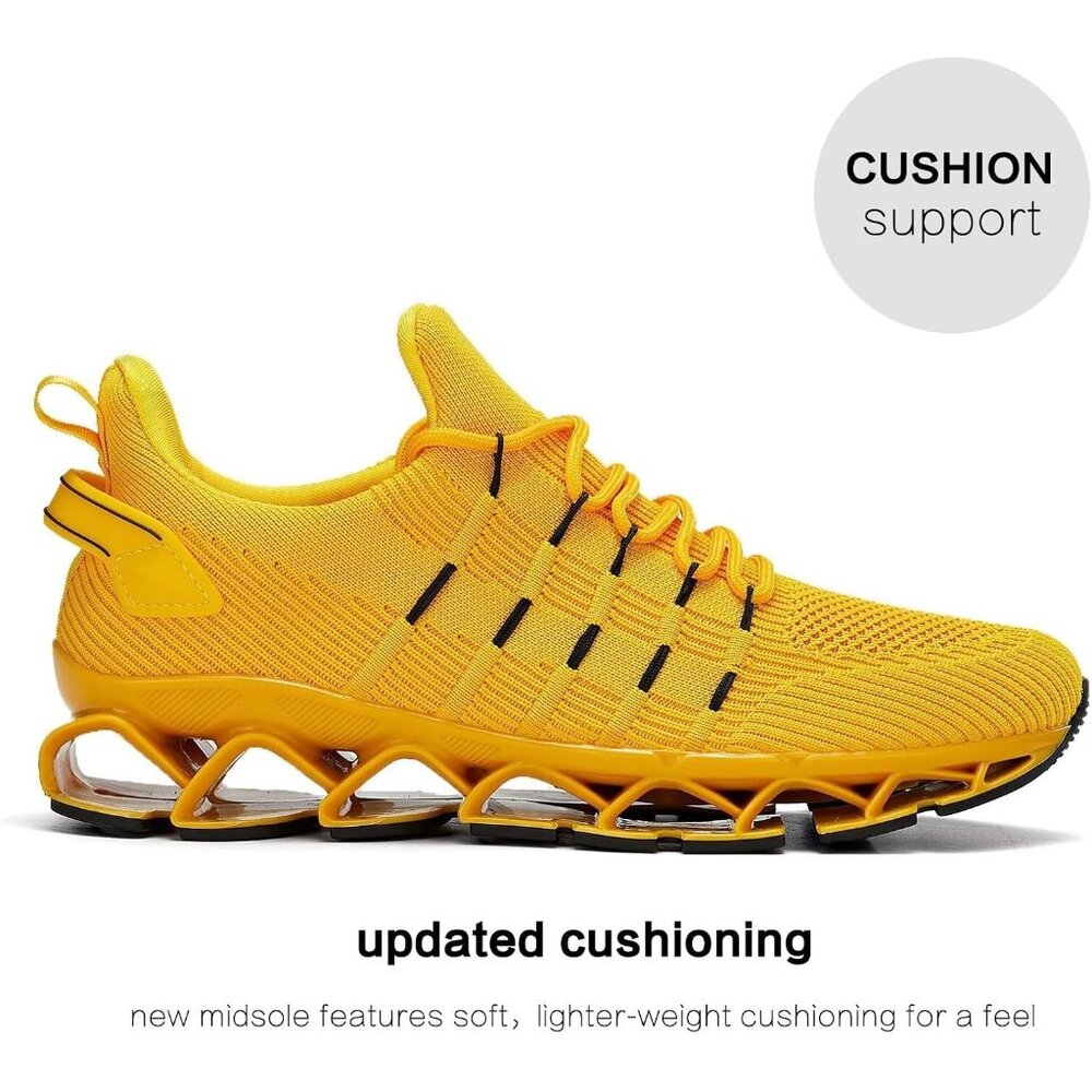 Men's Yellow Non Slip Lightweight Workout Breathable Mesh Fashion Sneakers - Picture 3 of 7